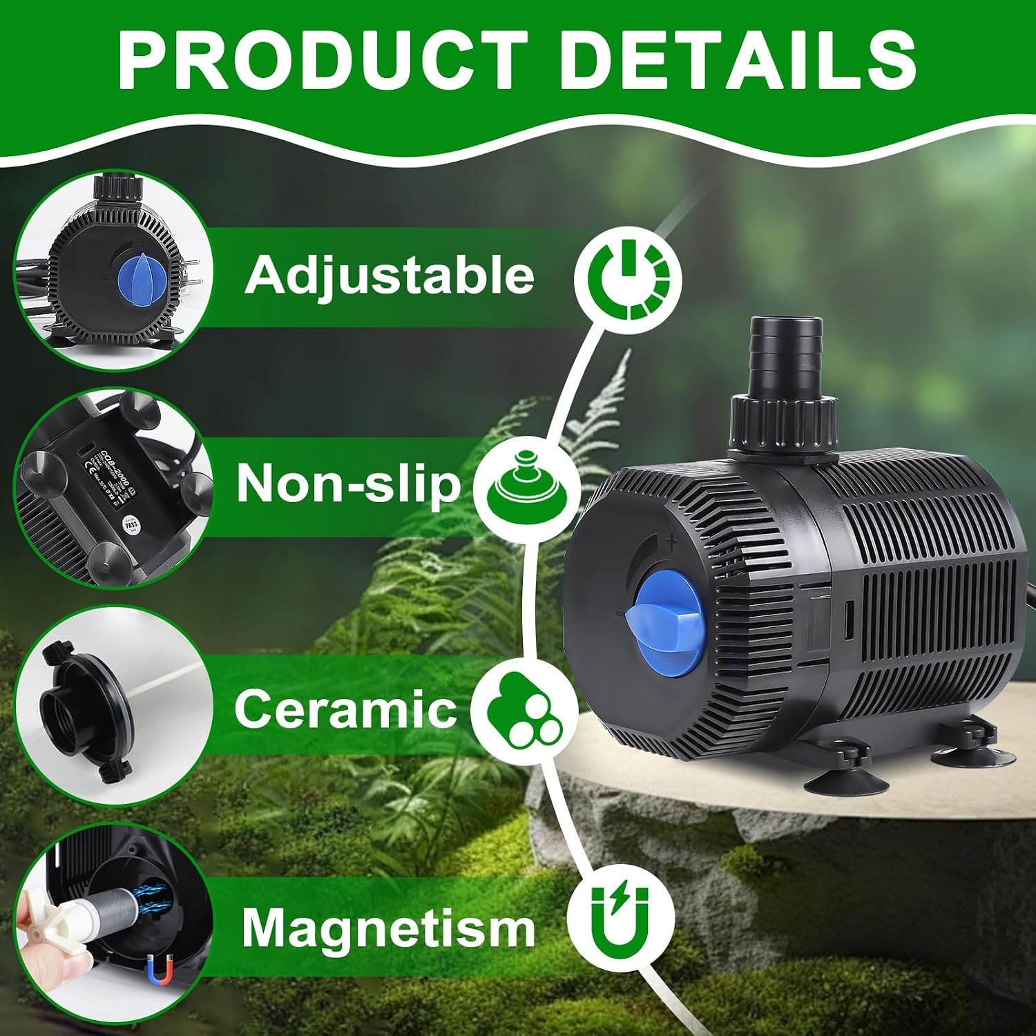 EXLECO Vijverpomp 2300L/H - 35W Dompelpomp met Filter voor Tuin, Vijver en Aquarium - 10 meter kabel