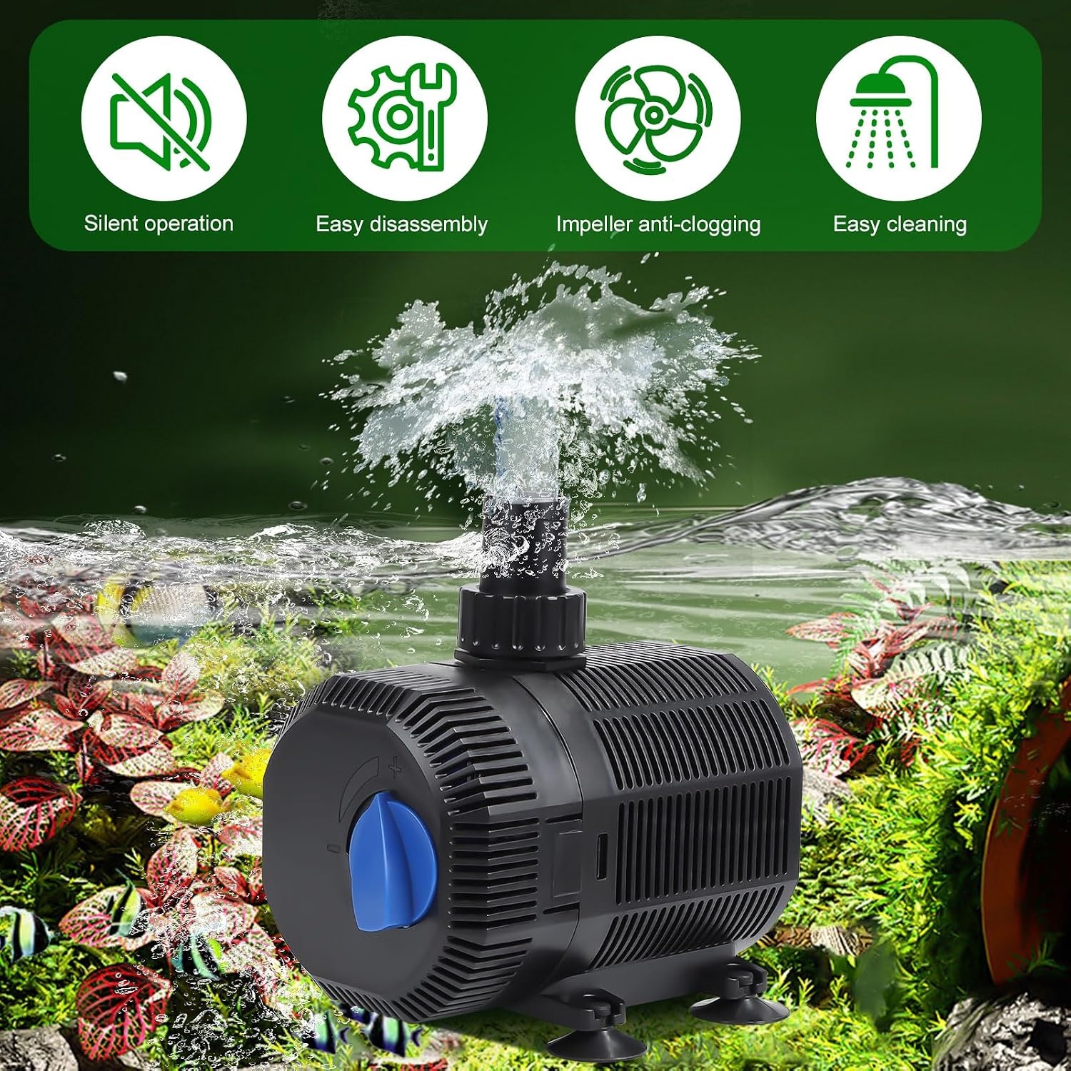EXLECO Vijverpomp 2300L/H - 35W Dompelpomp met Filter voor Tuin, Vijver en Aquarium - 10 meter kabel