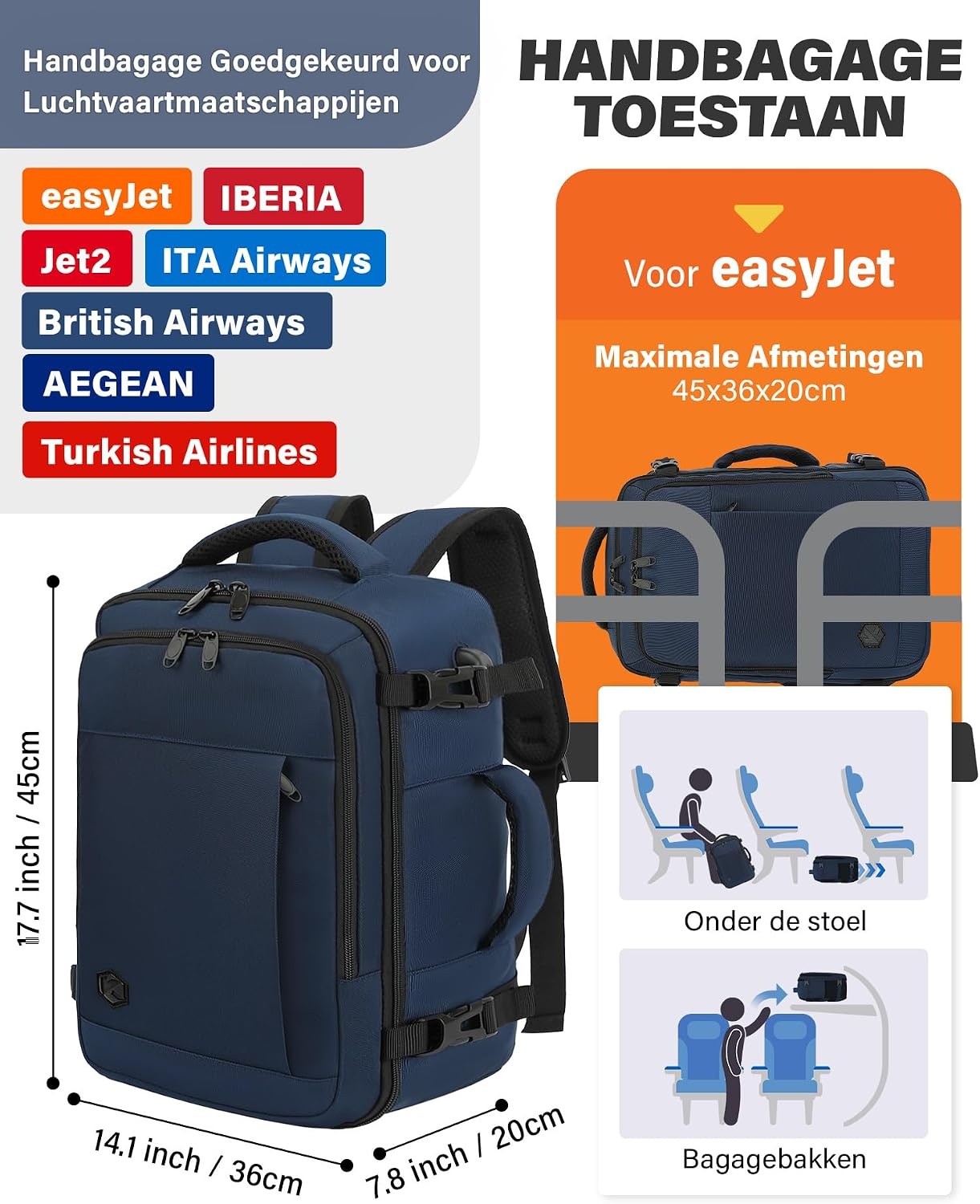 Diepblauwe Reisrugzak Handbagage 45x36x20 cm | Laptopvak | 30L | 33% Korting