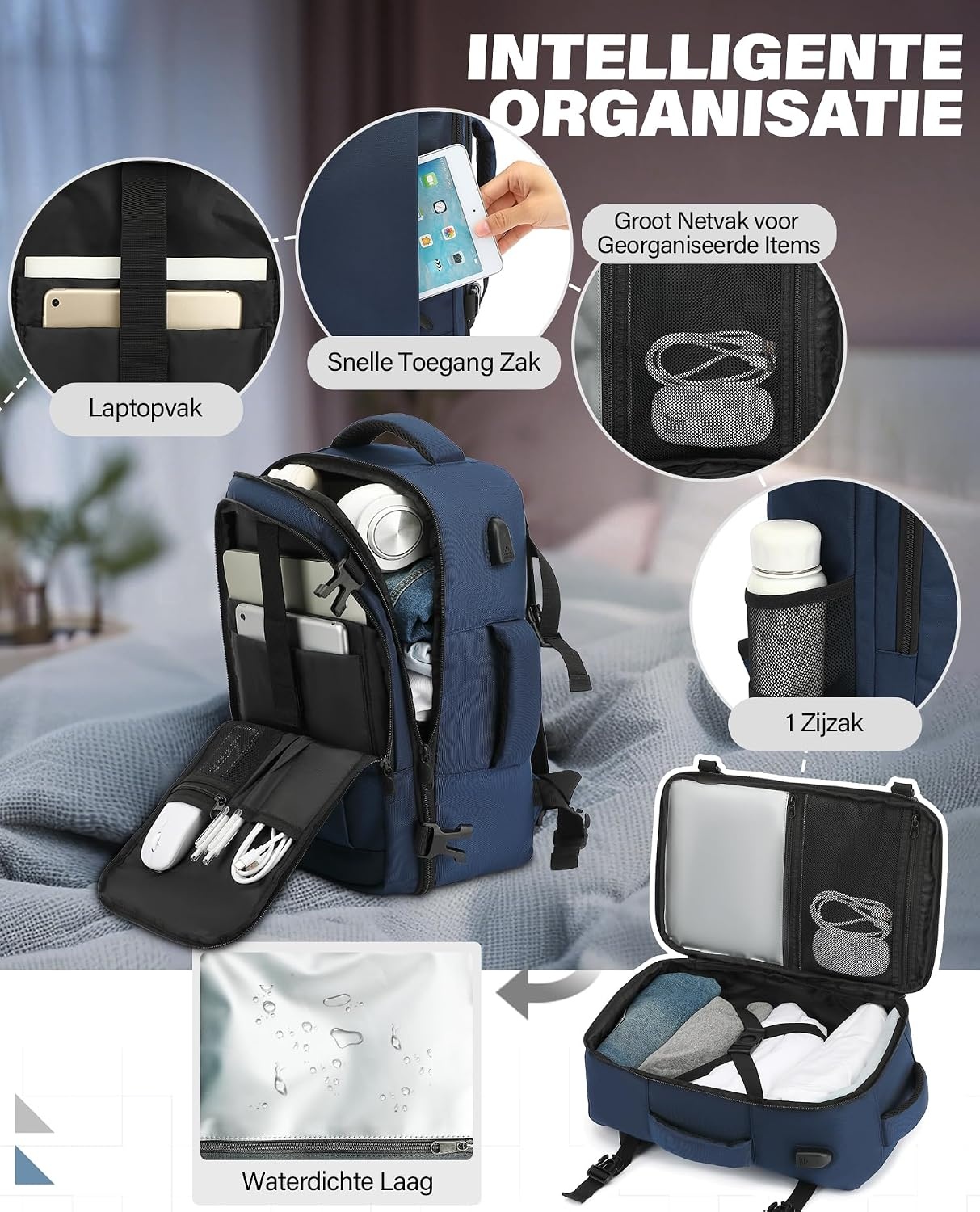 Diepblauwe Reisrugzak Handbagage 45x36x20 cm | Laptopvak | 30L | 33% Korting