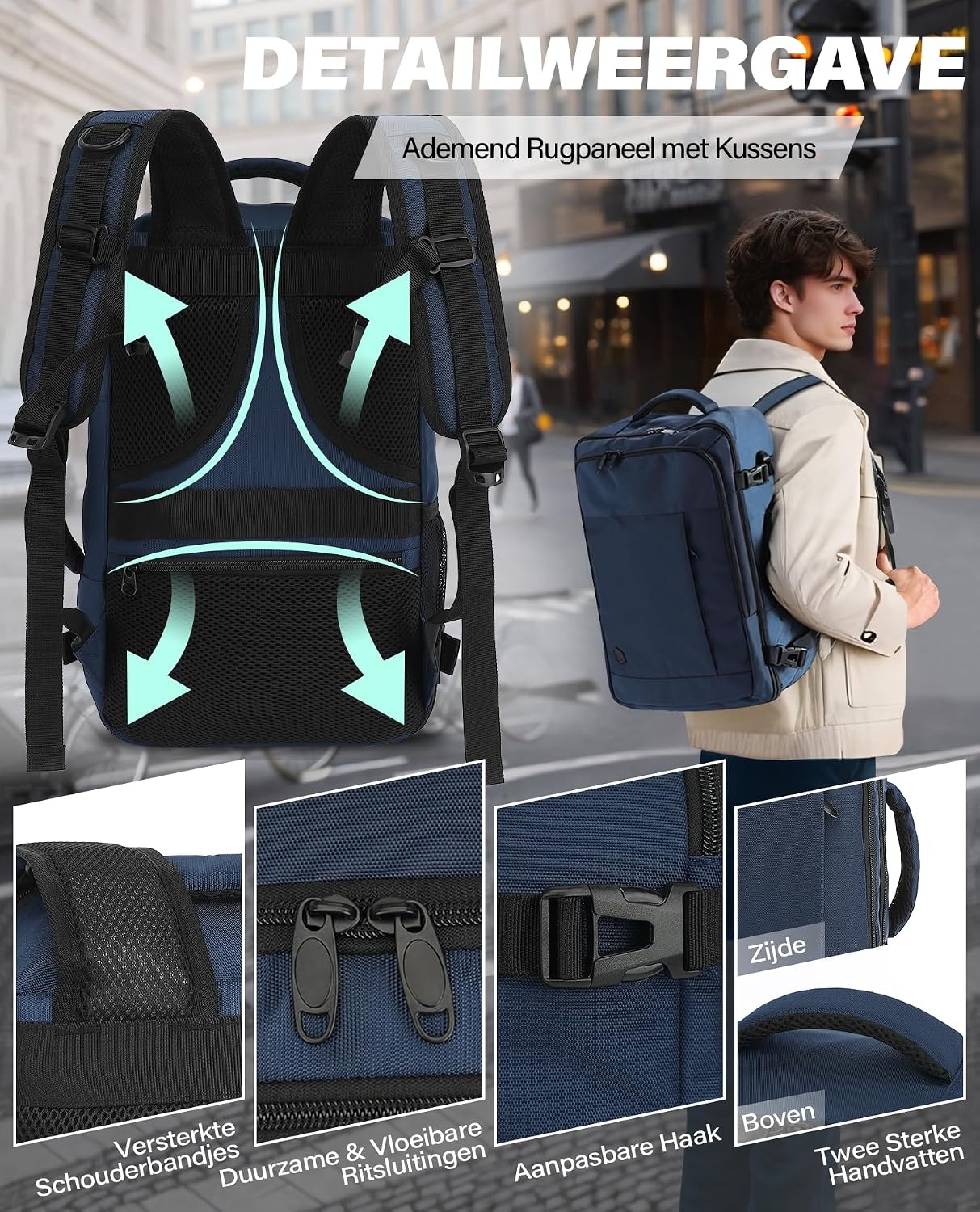 Diepblauwe Reisrugzak Handbagage 45x36x20 cm | Laptopvak | 30L | 33% Korting