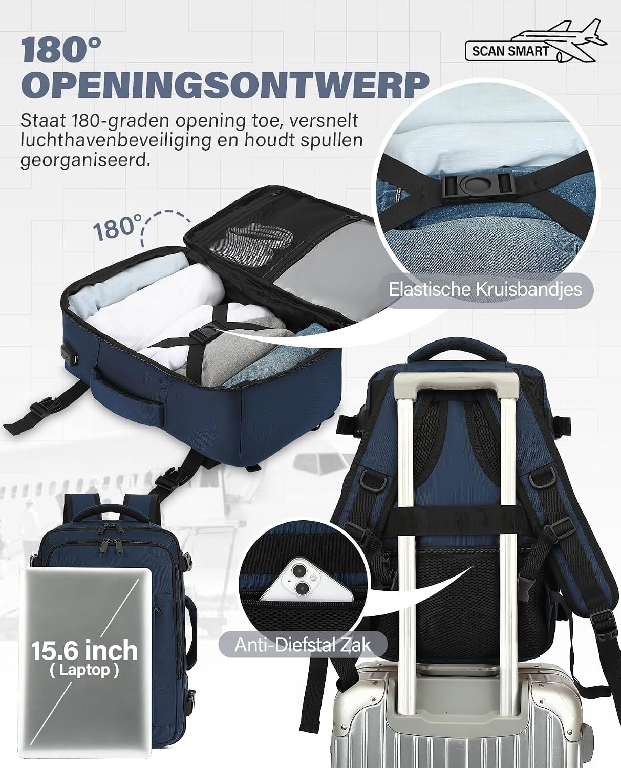 Diepblauwe Reisrugzak Handbagage 45x36x20 cm | Laptopvak | 30L | 33% Korting