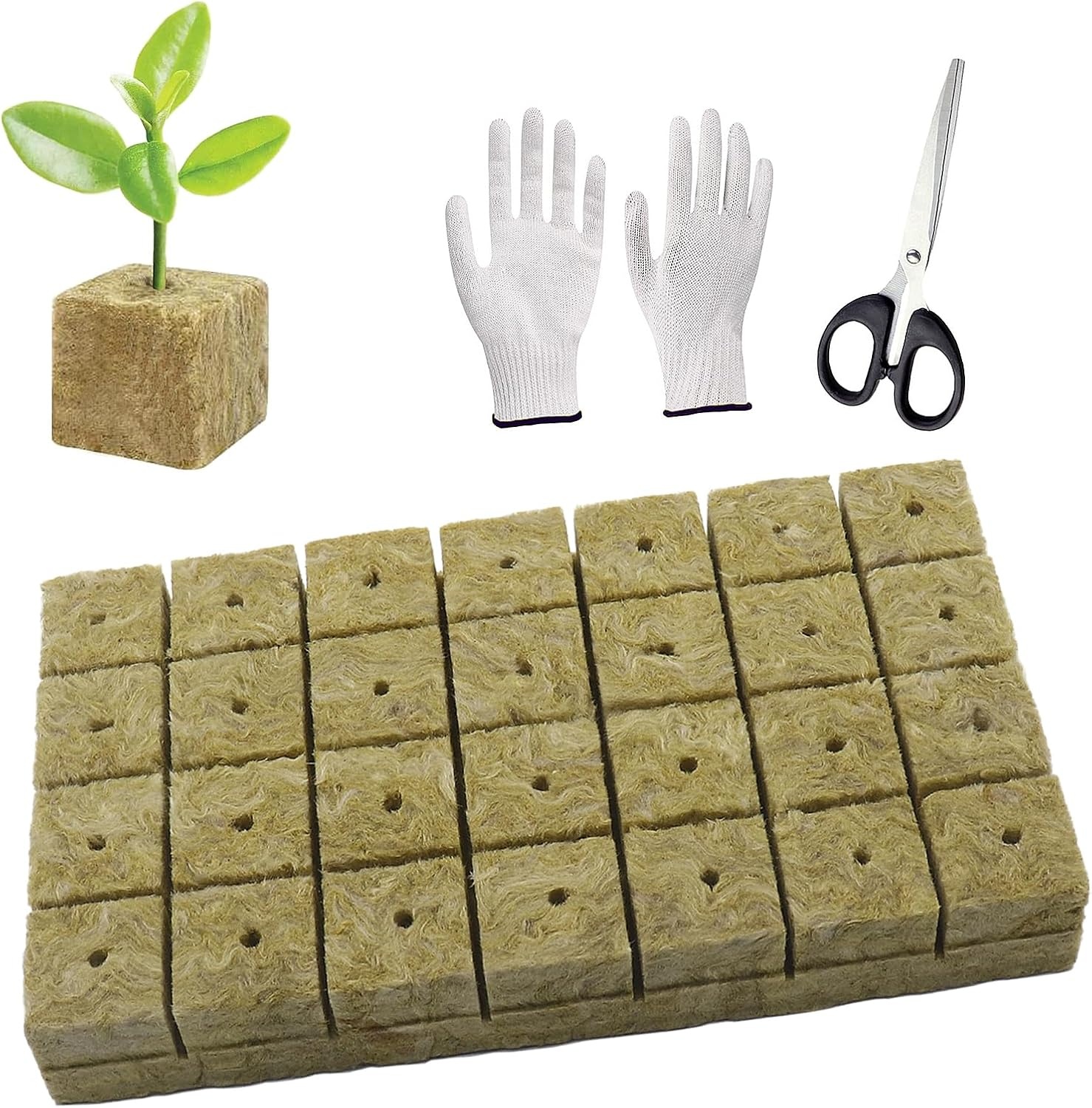 Steenwol Kweekblokjes 28 Stuks 4x4x4 cm | Incl. Schaar & Handschoenen | 39% Korting