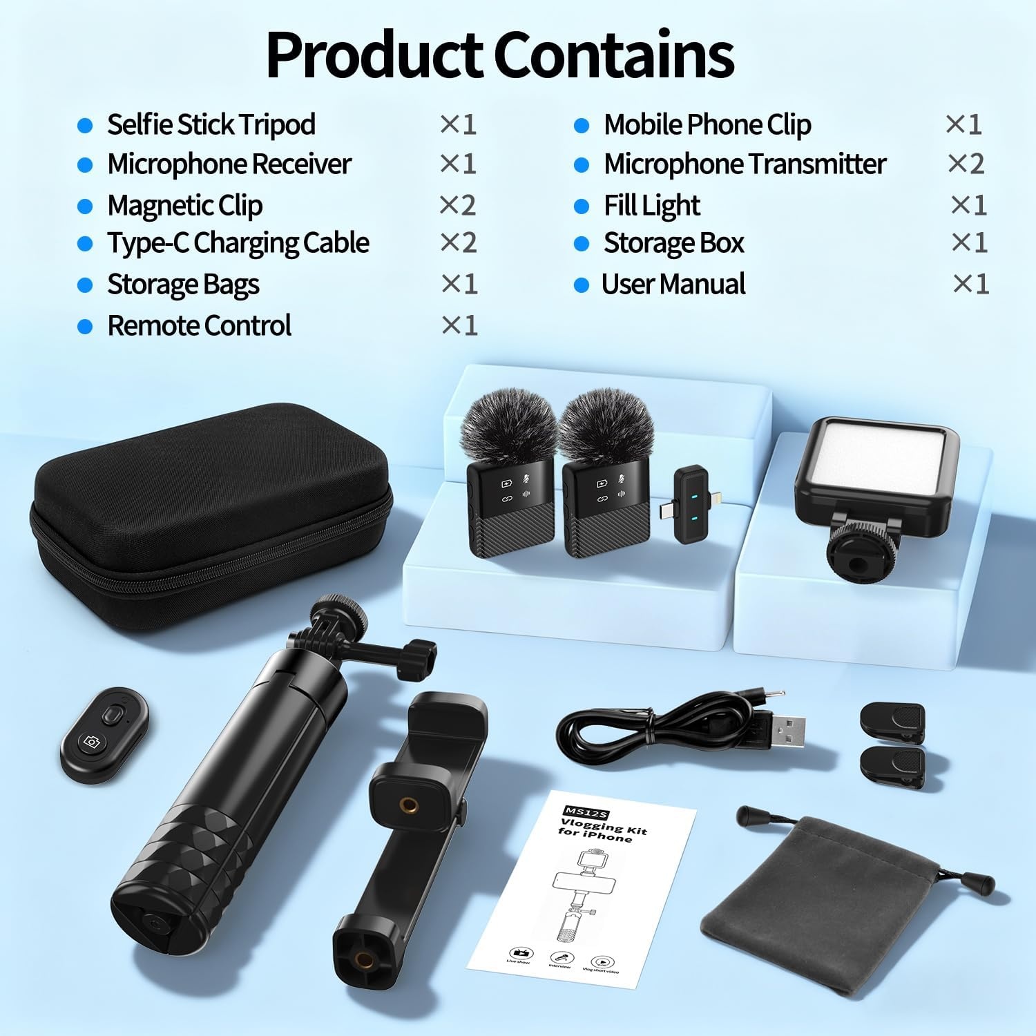 Vlogging Kit iPhone/Android: Selfie Statief, LED Licht & Microfoon (34% Korting)