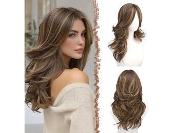 Gelaagde Bruine & Blonde Pruik met Pony - 50cm Synthetisch Haar - 32% Korting