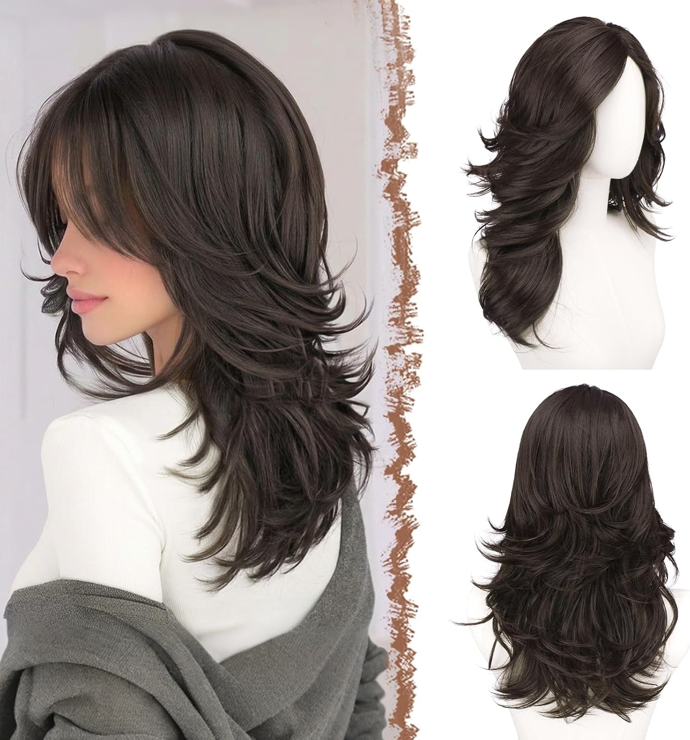 Gelaagde Bruine & Blonde Pruik met Pony - 50cm Synthetisch Haar - 32% Korting