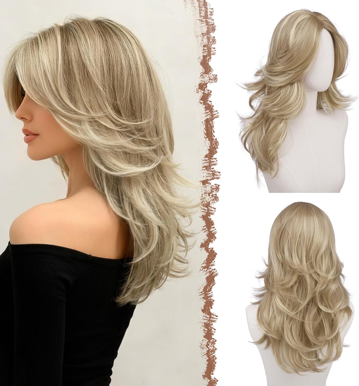 Gelaagde Bruine & Blonde Pruik met Pony - 50cm Synthetisch Haar - 32% Korting
