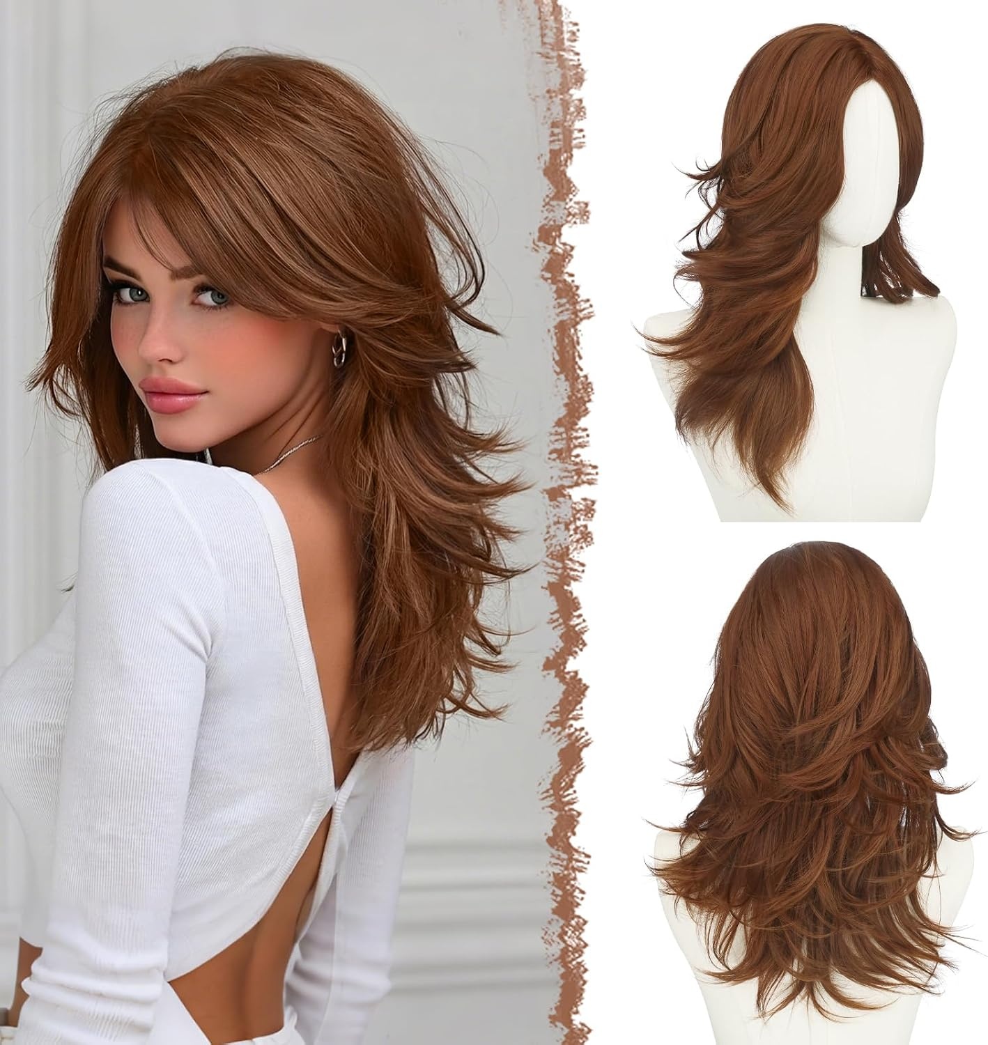 Gelaagde Bruine & Blonde Pruik met Pony - 50cm Synthetisch Haar - 32% Korting