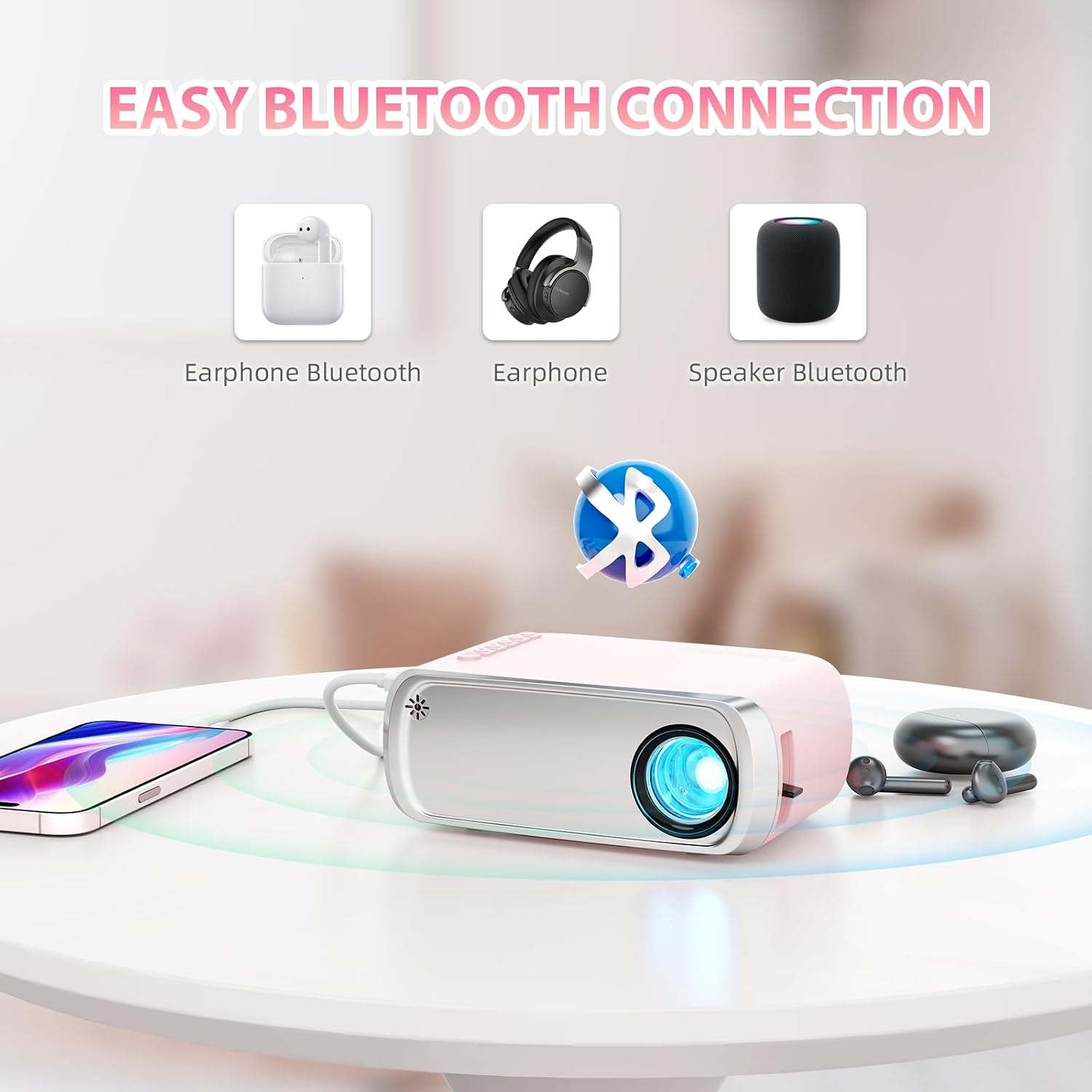 Draagbare projector, outdoor projector, led-esthetische video-mini-projector voor buiten, draagbare films, compatibel met HDMI, USB, laptop, tv-stick, iOS en Android telefoon