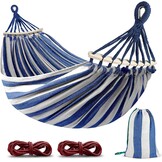 Hangmat, outdoor campinghangmat met gebogen houten stang, bevestigingsriemen en draagtas voor binnen, balkon, terras, tuin, rugzakreizen