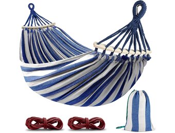 Hangmat, outdoor campinghangmat met gebogen houten stang, bevestigingsriemen en draagtas voor binnen, balkon, terras, tuin, rugzakreizen