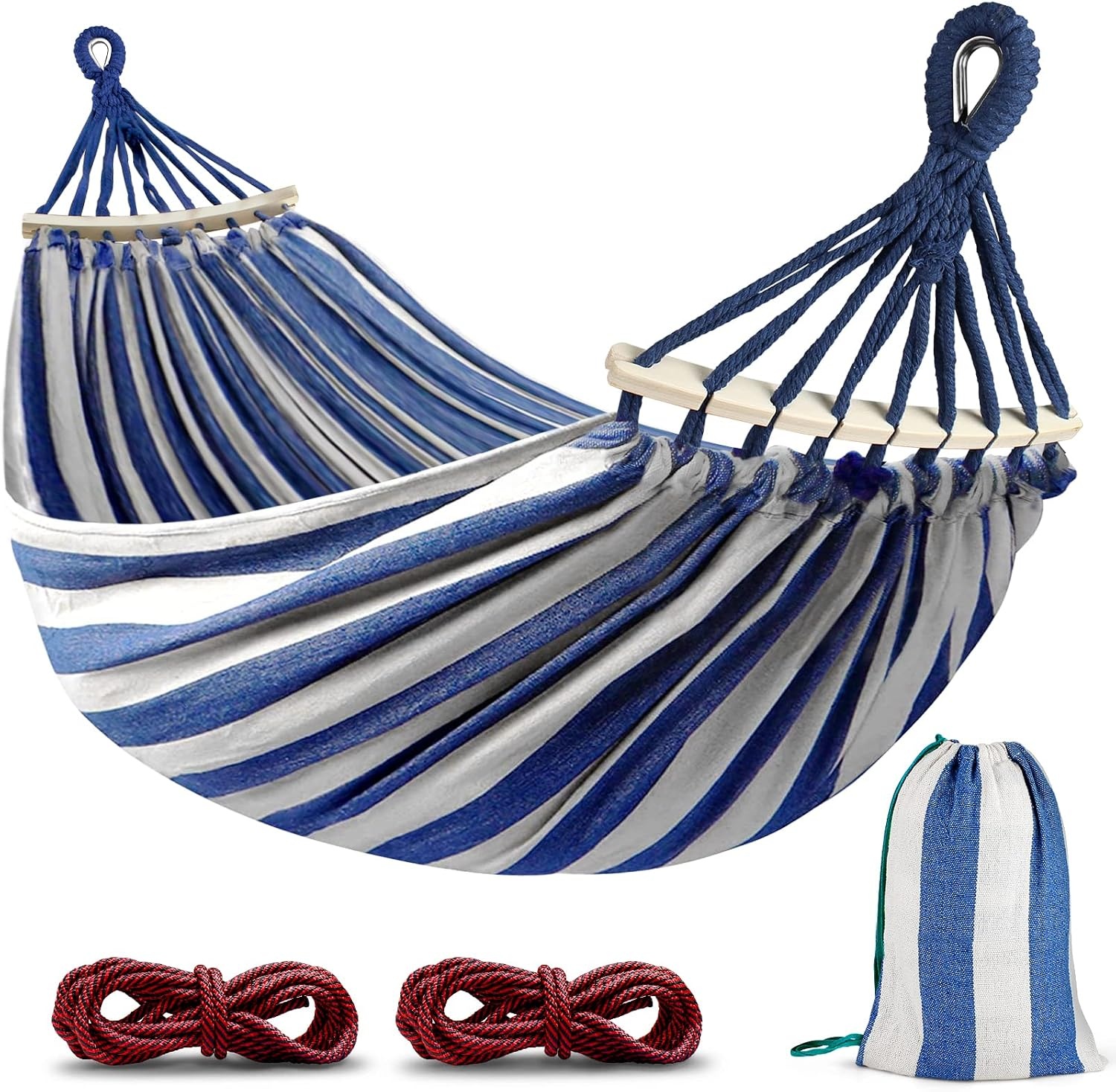 Hangmat, outdoor campinghangmat met gebogen houten stang, bevestigingsriemen en draagtas voor binnen, balkon, terras, tuin, rugzakreizen