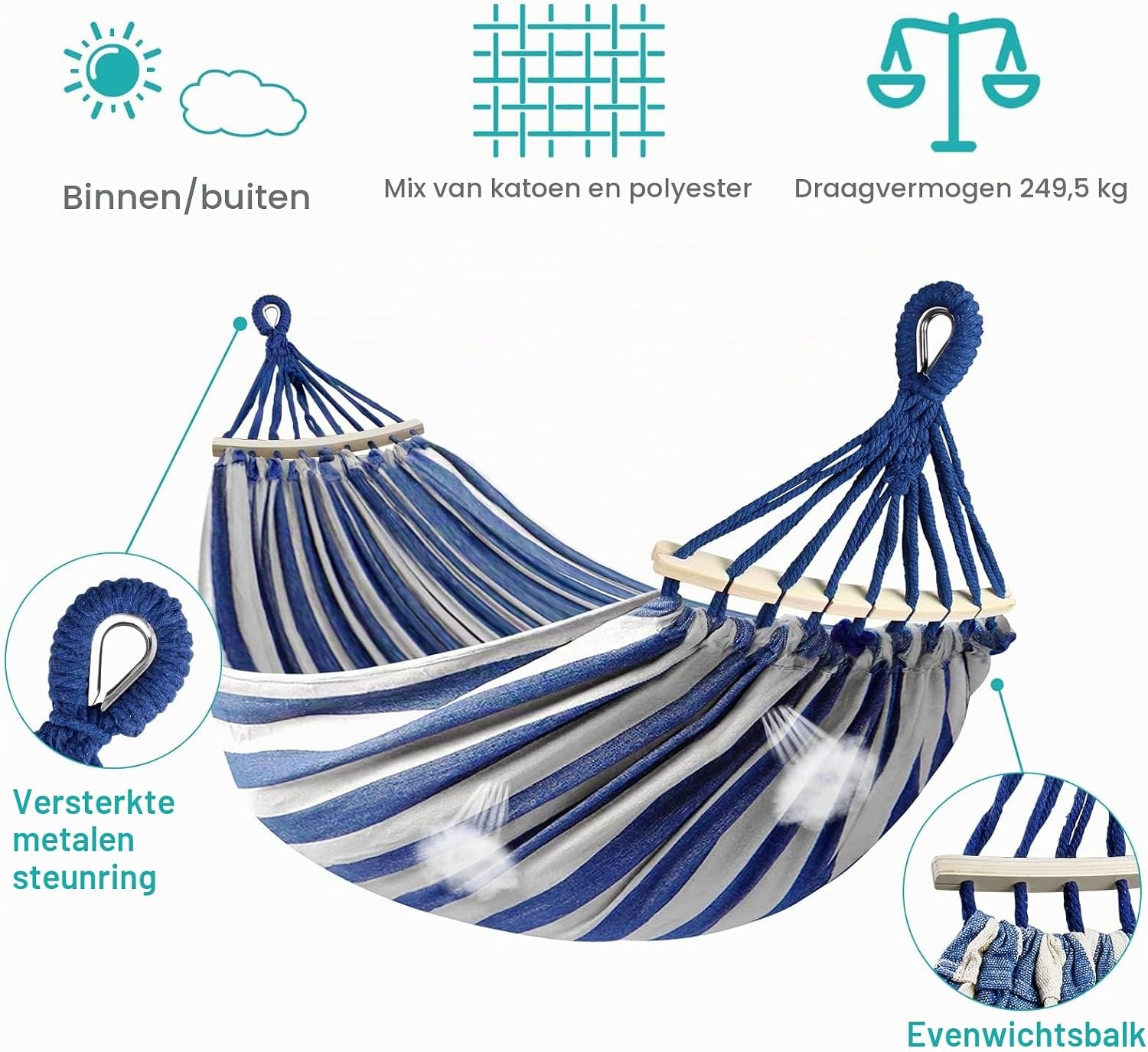 Hangmat, outdoor campinghangmat met gebogen houten stang, bevestigingsriemen en draagtas voor binnen, balkon, terras, tuin, rugzakreizen