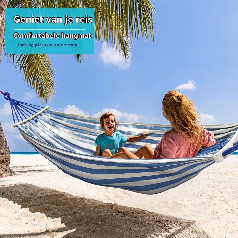 Hangmat, outdoor campinghangmat met gebogen houten stang, bevestigingsriemen en draagtas voor binnen, balkon, terras, tuin, rugzakreizen