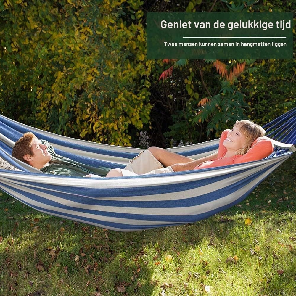 Hangmat, outdoor campinghangmat met gebogen houten stang, bevestigingsriemen en draagtas voor binnen, balkon, terras, tuin, rugzakreizen