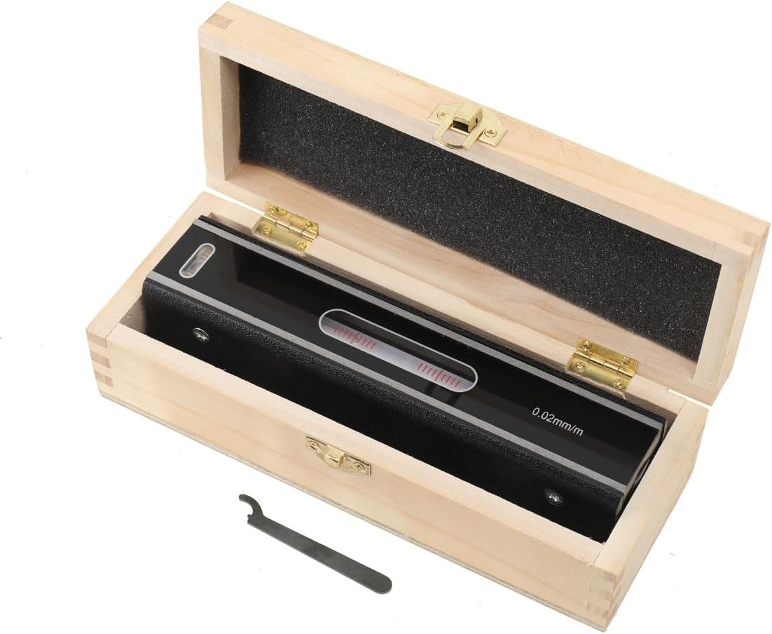 200 mm precisie-waterpas, machine-waterpas, frame, golfwaterpas, richtingsweegschaal, nauwkeurigheid 0,02 mm/m, met isolerende handgreep en houten koffer