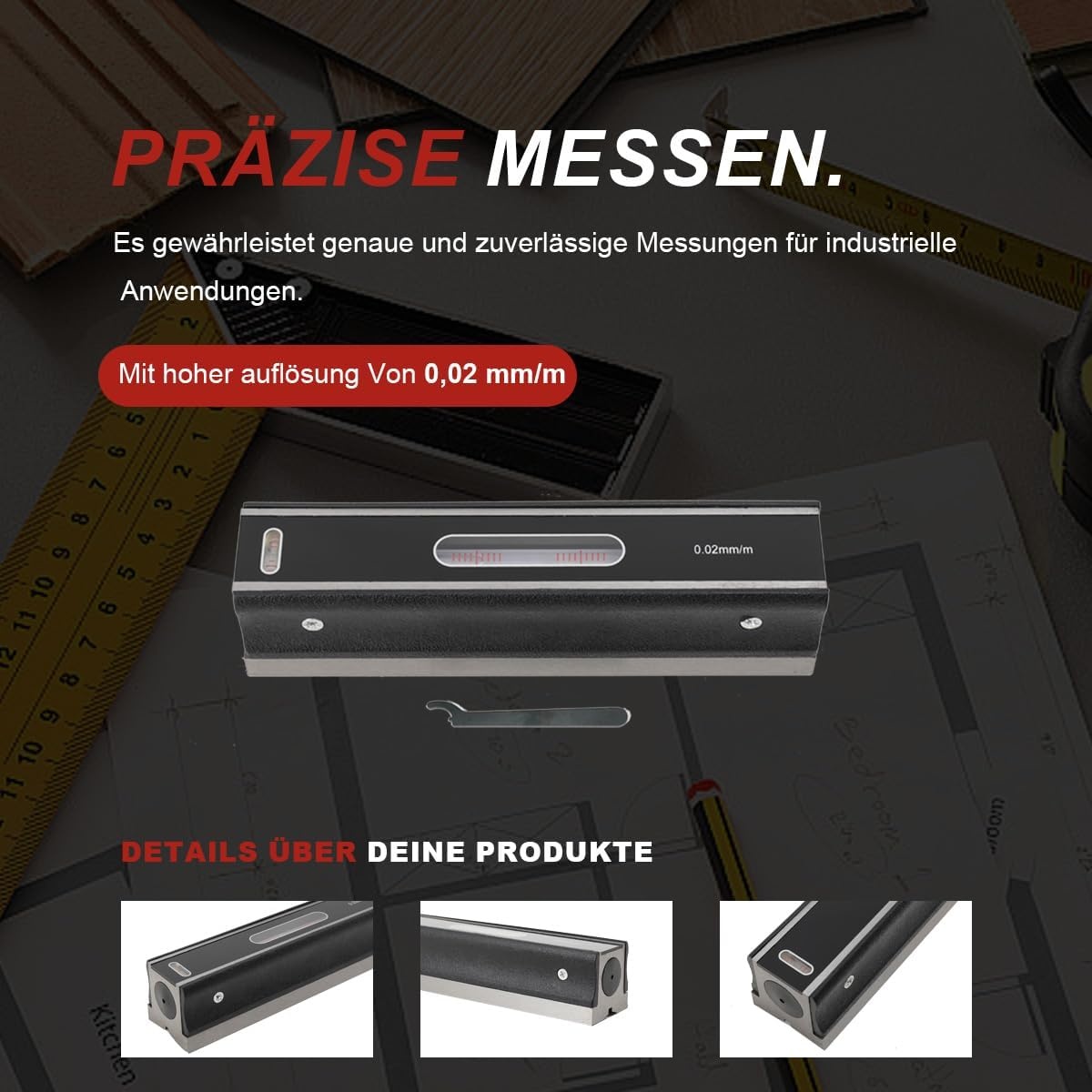 200 mm precisie-waterpas, machine-waterpas, frame, golfwaterpas, richtingsweegschaal, nauwkeurigheid 0,02 mm/m, met isolerende handgreep en houten koffer
