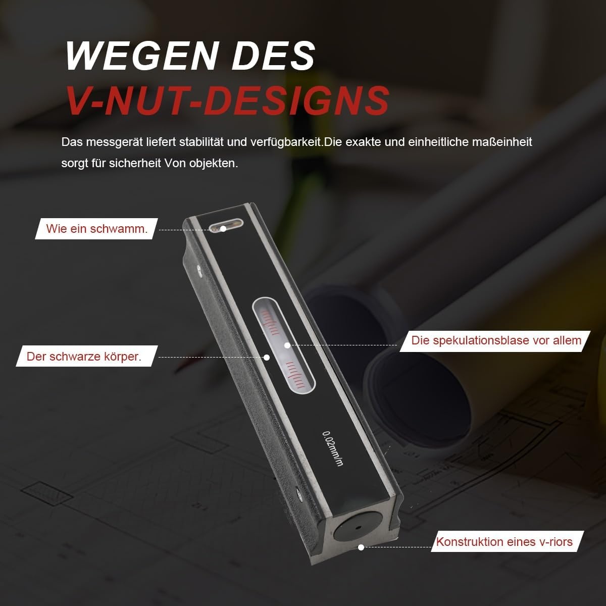 200 mm precisie-waterpas, machine-waterpas, frame, golfwaterpas, richtingsweegschaal, nauwkeurigheid 0,02 mm/m, met isolerende handgreep en houten koffer
