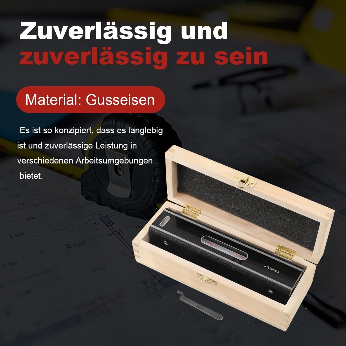 200 mm precisie-waterpas, machine-waterpas, frame, golfwaterpas, richtingsweegschaal, nauwkeurigheid 0,02 mm/m, met isolerende handgreep en houten koffer