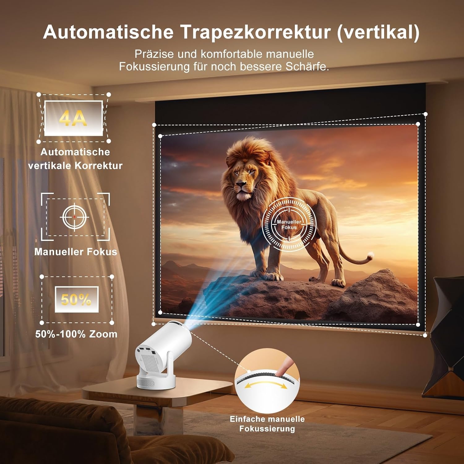 Draagbare videoprojector 2026, mini-projector, ondersteunt 4K met wifi 6 en Bluetooth 5.4, Android 14, 180 graden draaibaar, 12000 lumen, geïntegreerde 5 W hifi-luidspreker, thuisbioscoop, wit
