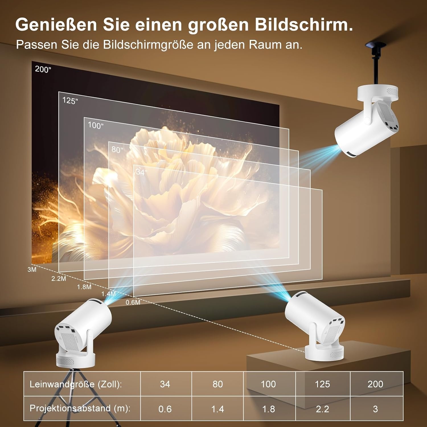 Draagbare videoprojector 2026, mini-projector, ondersteunt 4K met wifi 6 en Bluetooth 5.4, Android 14, 180 graden draaibaar, 12000 lumen, geïntegreerde 5 W hifi-luidspreker, thuisbioscoop, wit
