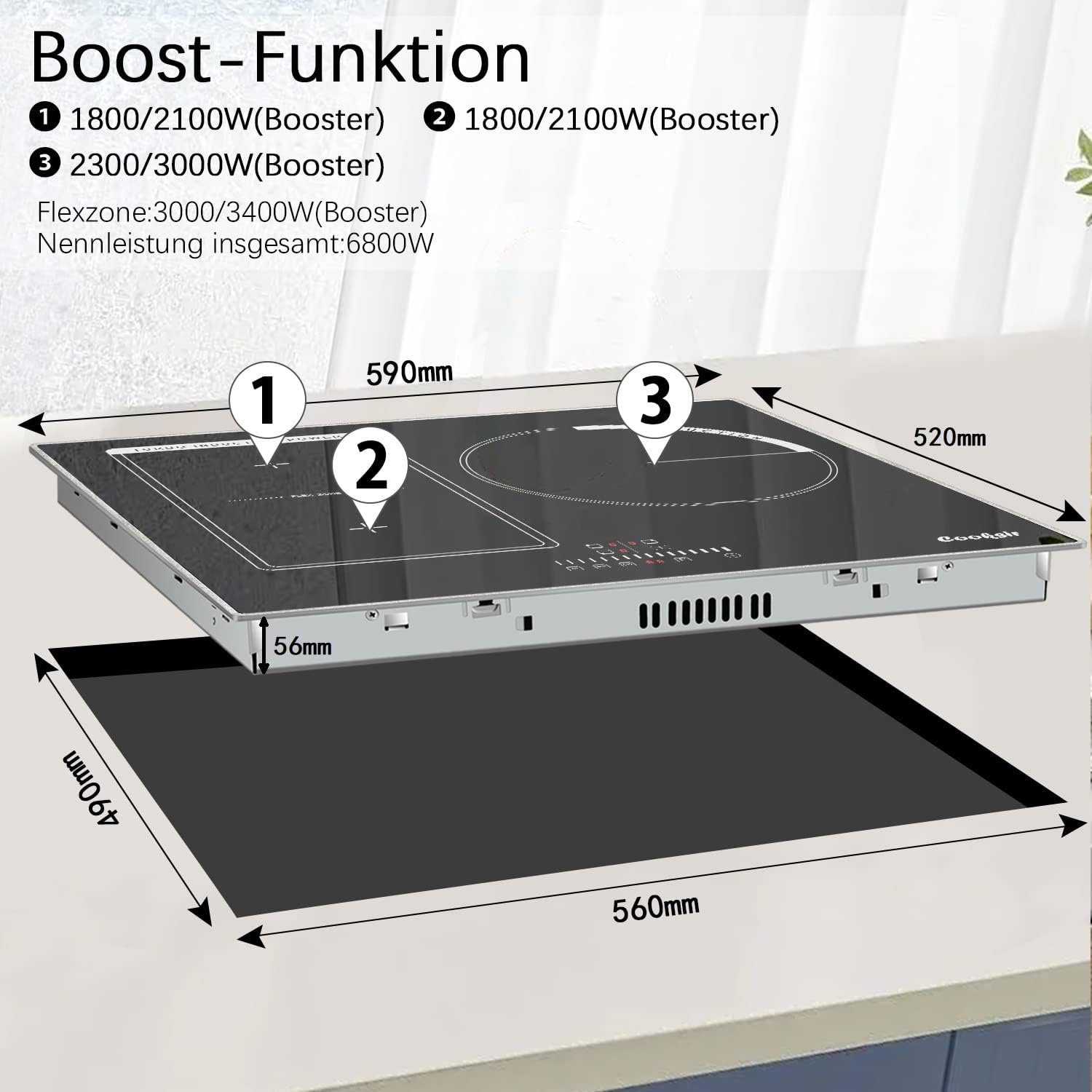 Inductie kookplaat 3 platen, Touchbediening, Geïntegreerde inductiekookplaat, Flexibele functionele zones, Kinderslot, Timer, Zonder stekker