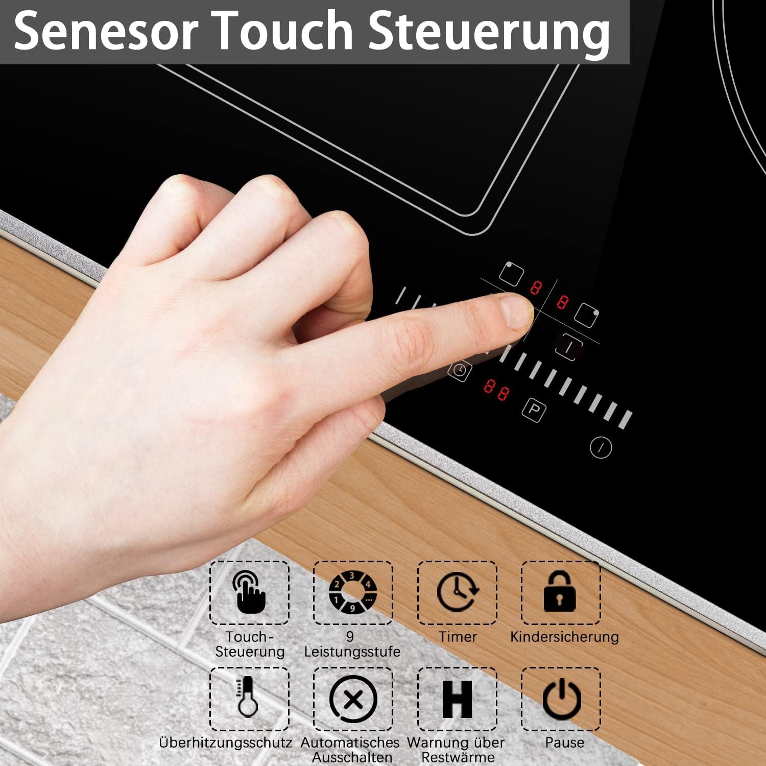 Inductie kookplaat 3 platen, Touchbediening, Geïntegreerde inductiekookplaat, Flexibele functionele zones, Kinderslot, Timer, Zonder stekker