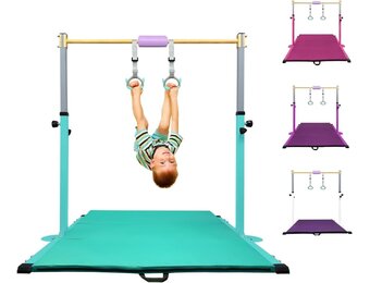 HomeSun Gymnastiekstang voor kinderen, robuuste kip bar met ringen, horizontaal turnrek voor hometraining, in hoogte verstelbaar 90-150 cm, trainingsapparaat tot 100 kg, leeftijd 3-15 jaar
