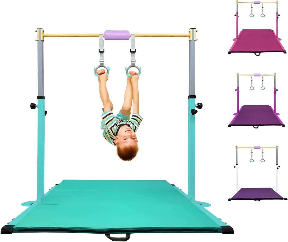 HomeSun Gymnastiekstang voor kinderen, robuuste kip bar met ringen, horizontaal turnrek voor hometraining, in hoogte verstelbaar 90-150 cm, trainingsapparaat tot 100 kg, leeftijd 3-15 jaar
