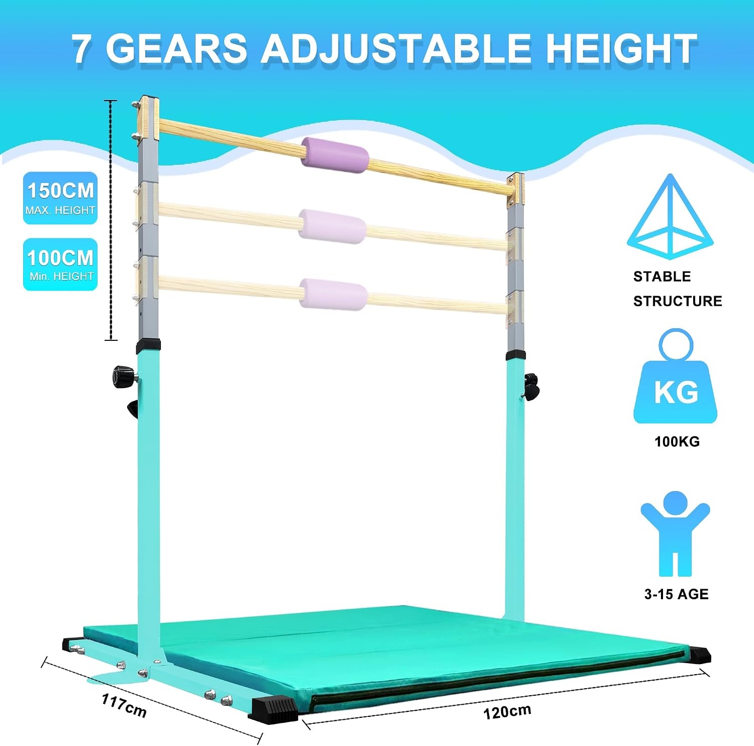 HomeSun Gymnastiekstang voor kinderen, robuuste kip bar met ringen, horizontaal turnrek voor hometraining, in hoogte verstelbaar 90-150 cm, trainingsapparaat tot 100 kg, leeftijd 3-15 jaar