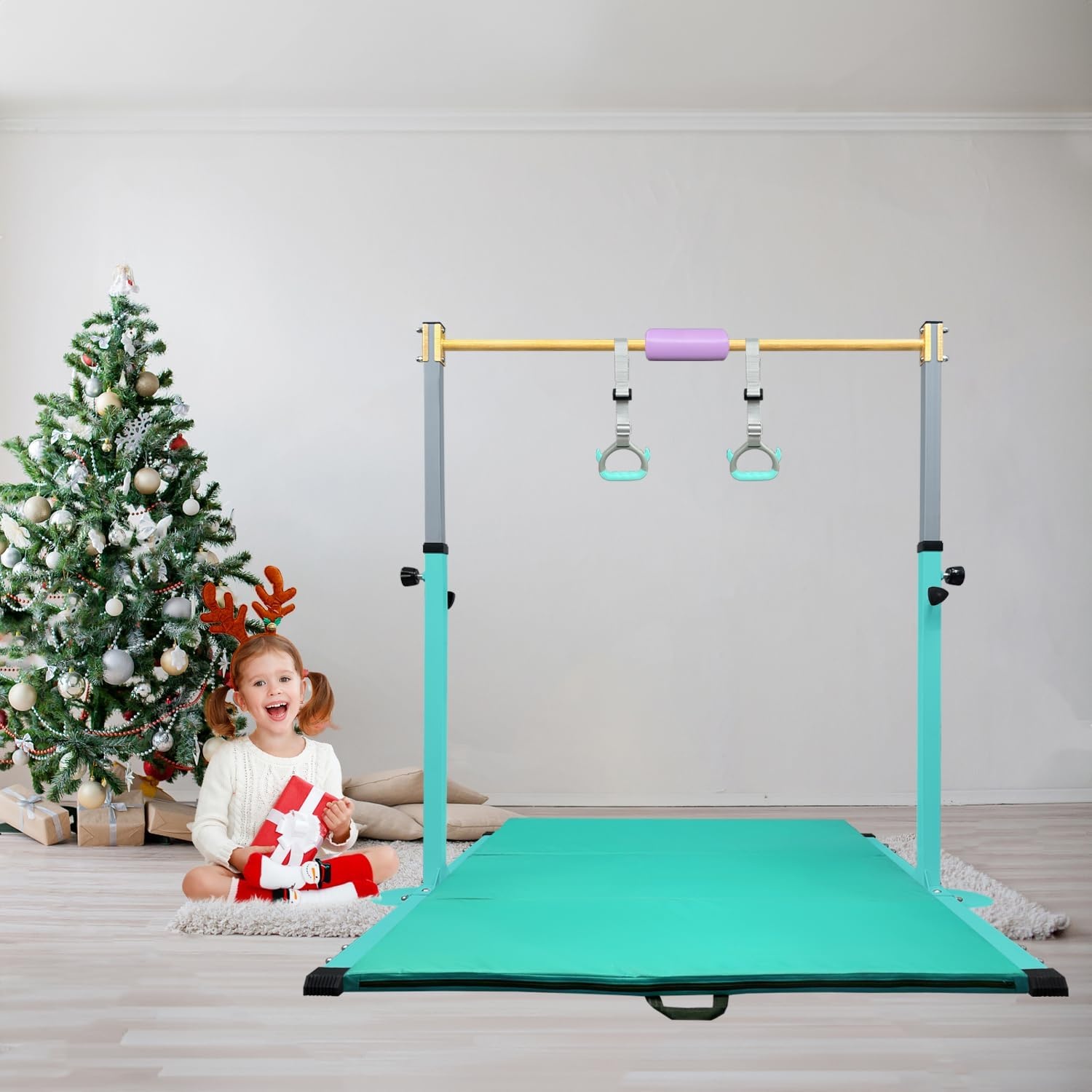 HomeSun Gymnastiekstang voor kinderen, robuuste kip bar met ringen, horizontaal turnrek voor hometraining, in hoogte verstelbaar 90-150 cm, trainingsapparaat tot 100 kg, leeftijd 3-15 jaar