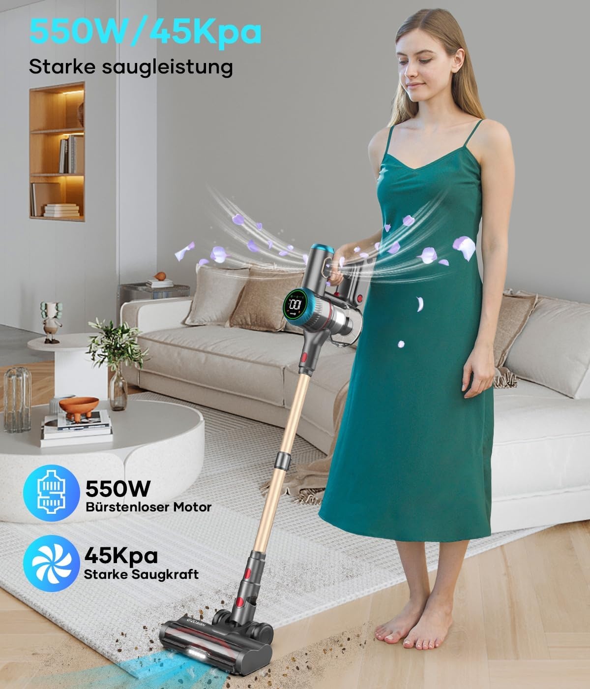 Accustofzuiger, 45000Pa/550W/60 minuten stofzuiger draadloos met smart display, stofzuiger met wandgemonteerde lading en anti-klitborstel voor tapijt, harde vloeren en dierenharen (upgrade)