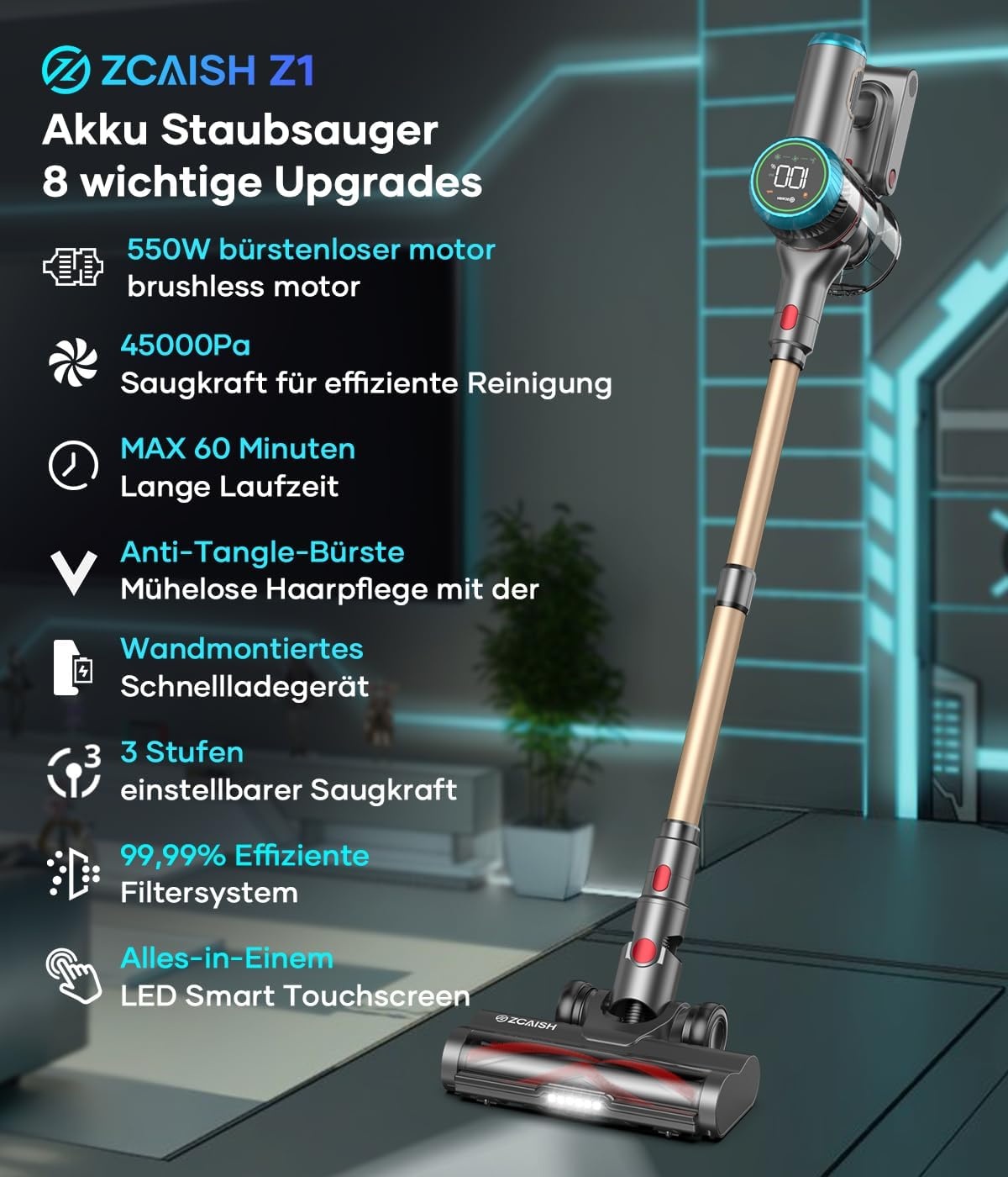 Accustofzuiger, 45000Pa/550W/60 minuten stofzuiger draadloos met smart display, stofzuiger met wandgemonteerde lading en anti-klitborstel voor tapijt, harde vloeren en dierenharen (upgrade)