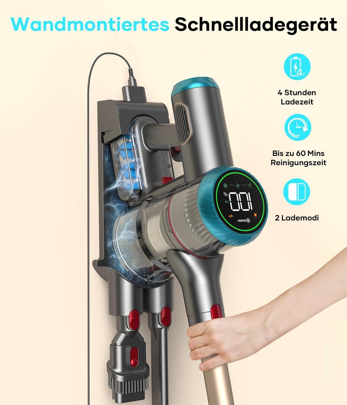 Accustofzuiger, 45000Pa/550W/60 minuten stofzuiger draadloos met smart display, stofzuiger met wandgemonteerde lading en anti-klitborstel voor tapijt, harde vloeren en dierenharen (upgrade)