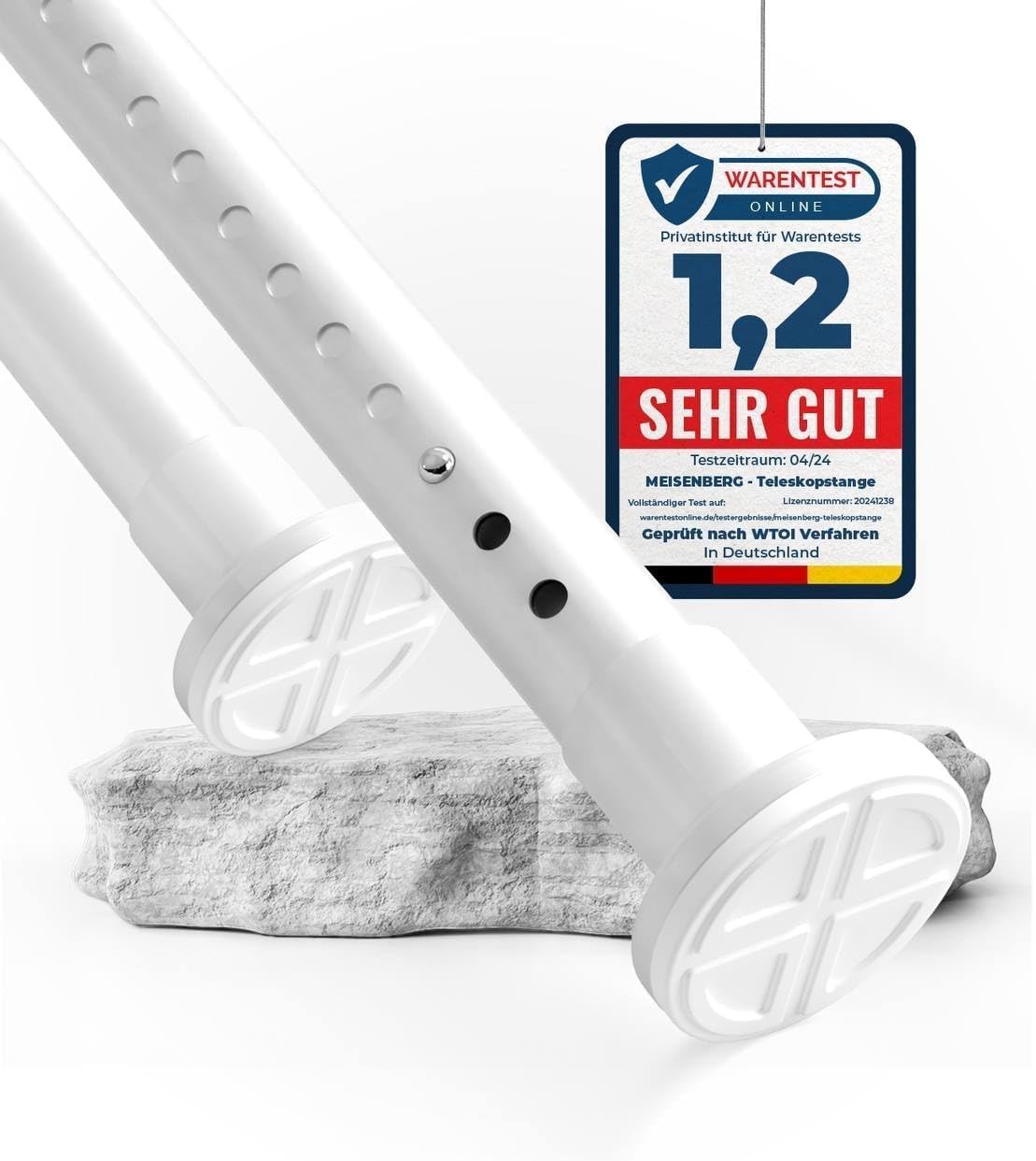 MEISENBERG Gordijnroede Zonder Boren, Uitschuifbare Douchestang 260-310 cm, Roestvrij Staal, Wit, Ø32mm - Spanstang, Douchegordijnstang, Telescopische Roede voor Badkamer, Garderobe, Doorsnede