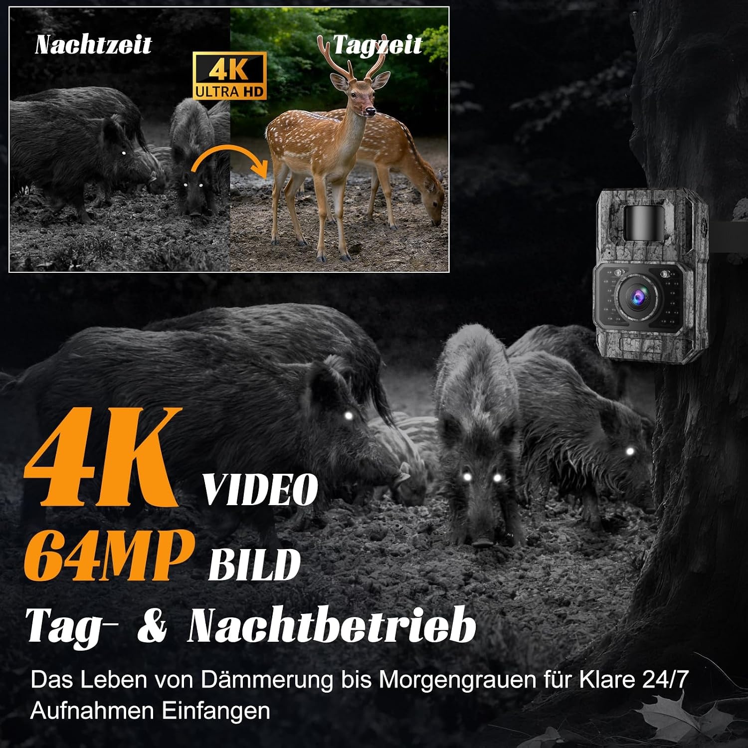 MAXDONE Wildcamera met mobiele telefoon transmissie APP - Wildlife Camera 4K 64MP HD met WiFi Bluetooth Bewegingsmelder Nachtzicht, Game Camera's met 6000mAh batterij, 0.1s sluitertijd IP66