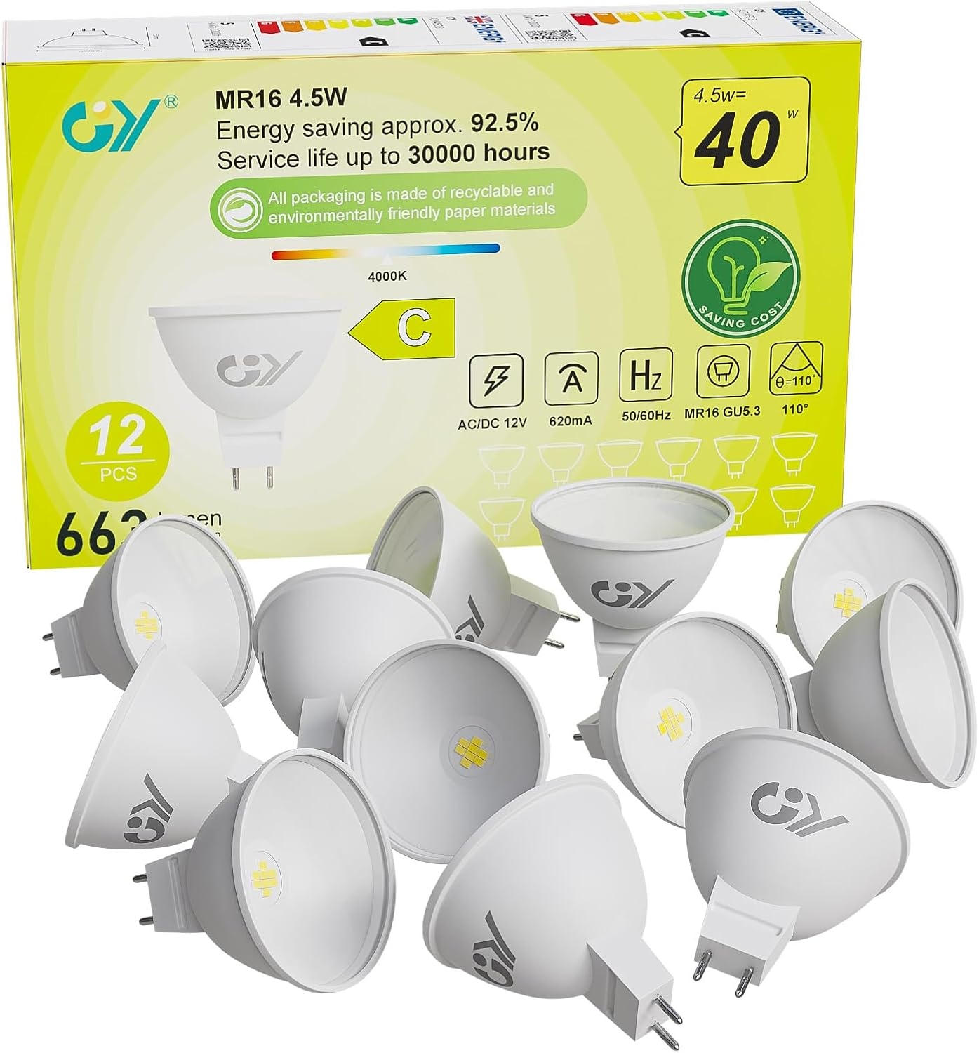 GY Led Lampen MR16 Lamp Light Bulb Gu5.3 Ledlamp Ledlampen Lampjes Niet-Dimbare neutral white 4,5W 663 Lumen 4000K 12 Stuks