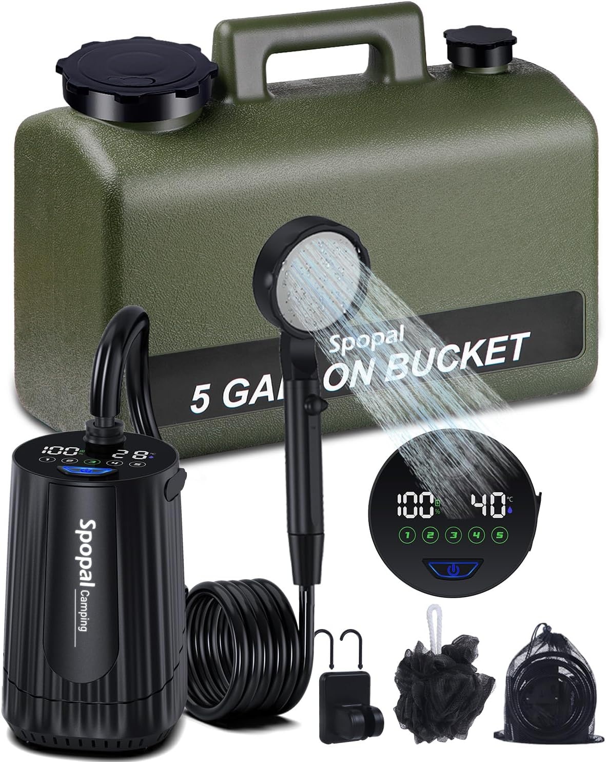 Spopal Campingdouche [10000mAh], IPX8 draagbare campingdouche met 20L stevige watertank, LED watertemperatuur en batterijniveauweergave, oplaadbare douchepomp voor reizen kamperen huisdier auto