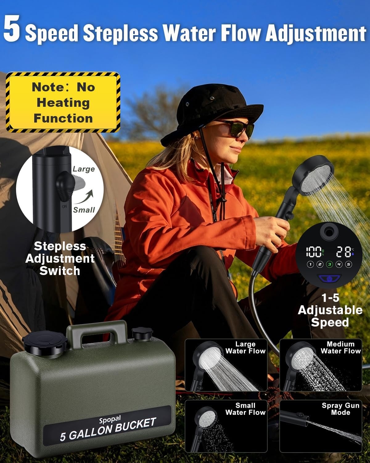 Spopal Campingdouche [10000mAh], IPX8 draagbare campingdouche met 20L stevige watertank, LED watertemperatuur en batterijniveauweergave, oplaadbare douchepomp voor reizen kamperen huisdier auto