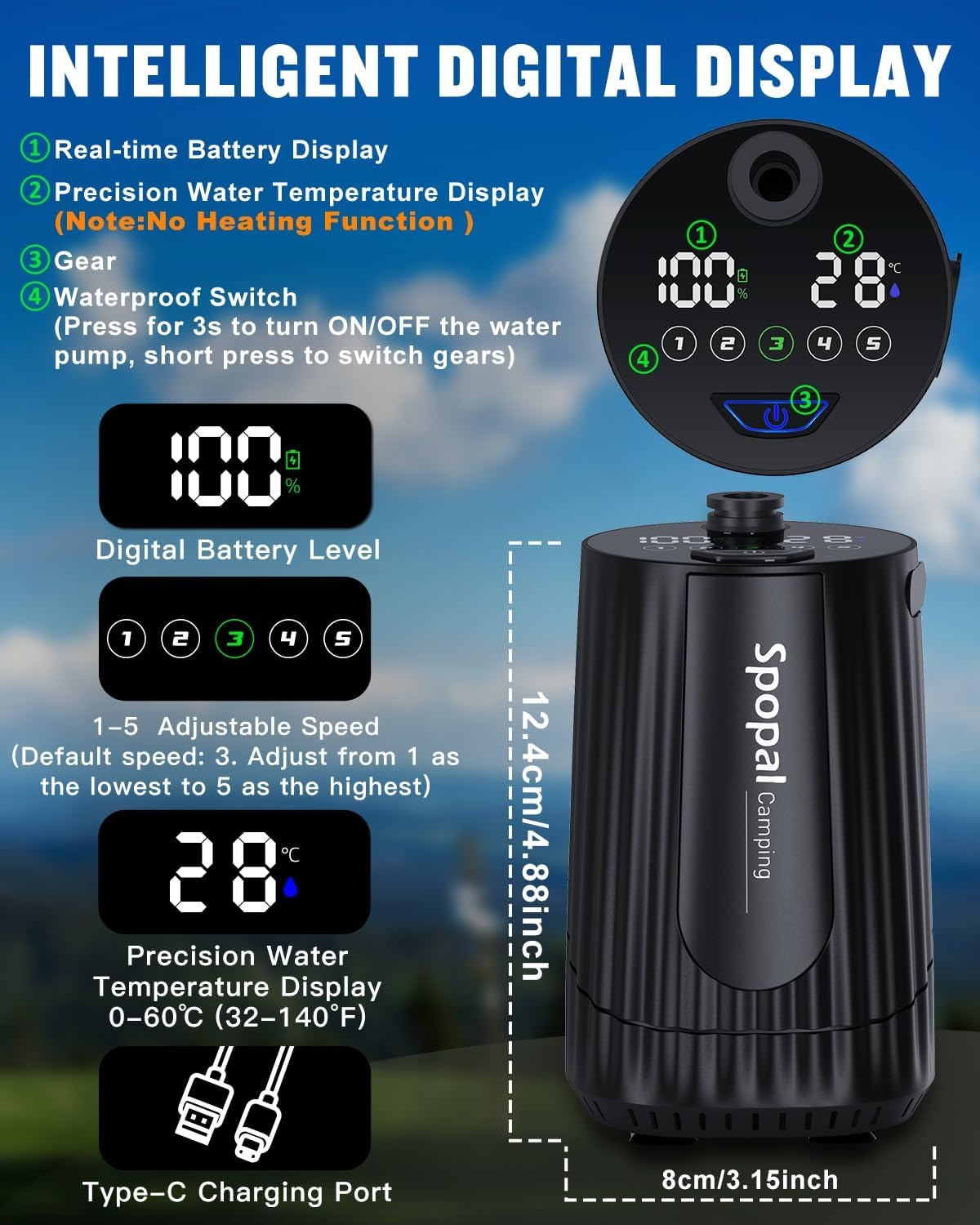Spopal Campingdouche [10000mAh], IPX8 draagbare campingdouche met 20L stevige watertank, LED watertemperatuur en batterijniveauweergave, oplaadbare douchepomp voor reizen kamperen huisdier auto