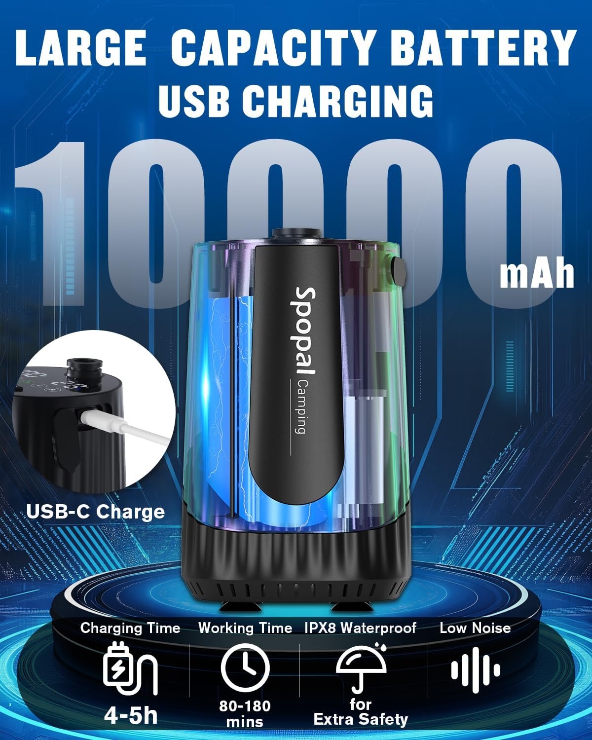 Spopal Campingdouche [10000mAh], IPX8 draagbare campingdouche met 20L stevige watertank, LED watertemperatuur en batterijniveauweergave, oplaadbare douchepomp voor reizen kamperen huisdier auto