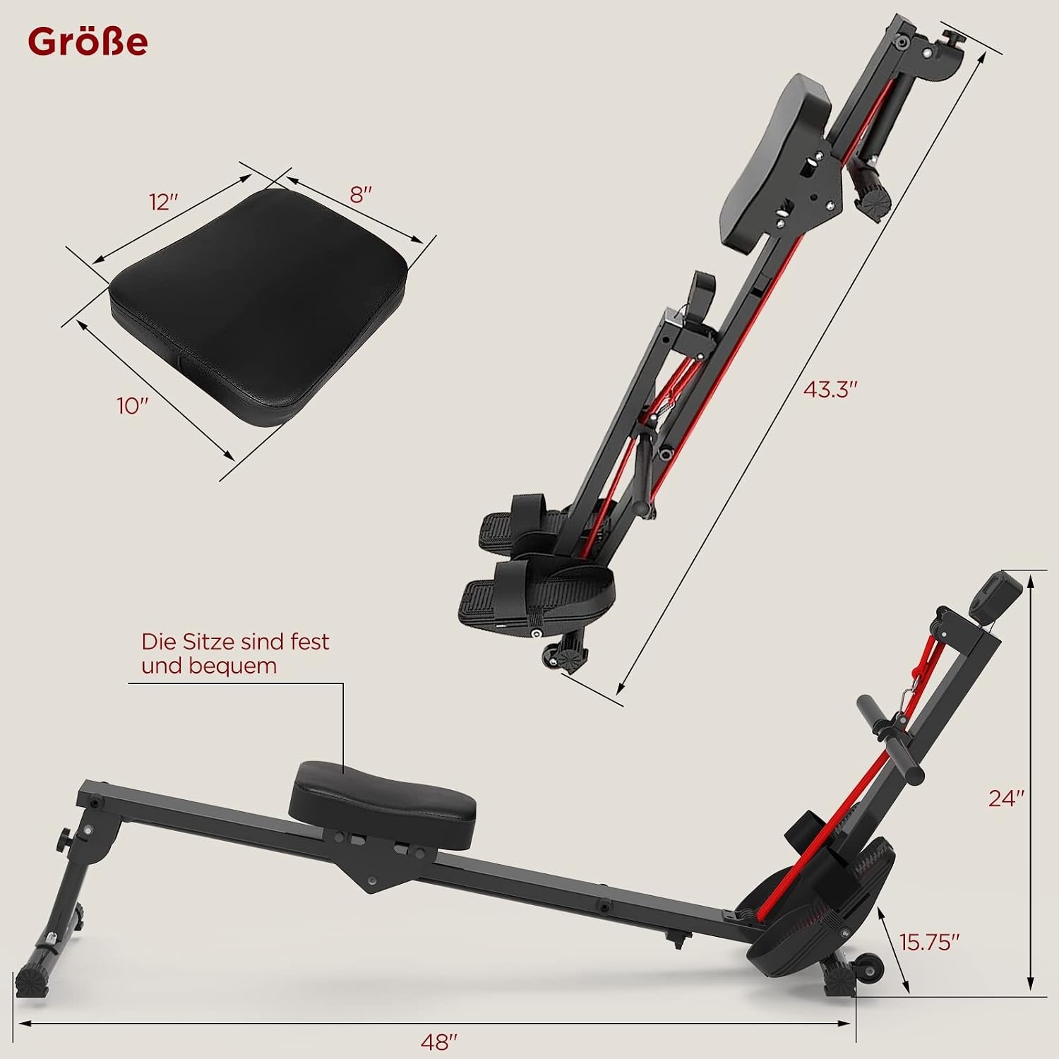 Roeitoestel voor thuis, opklapbaar roeitrainer Roeimachines, gewichtscapaciteit 120 kg (Rood)