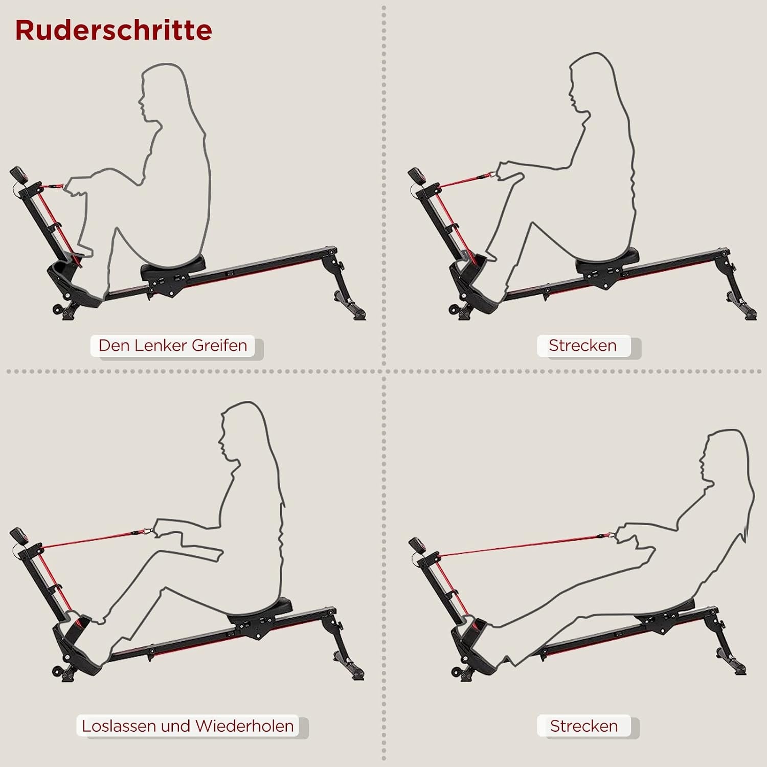 Roeitoestel voor thuis, opklapbaar roeitrainer Roeimachines, gewichtscapaciteit 120 kg (Rood)