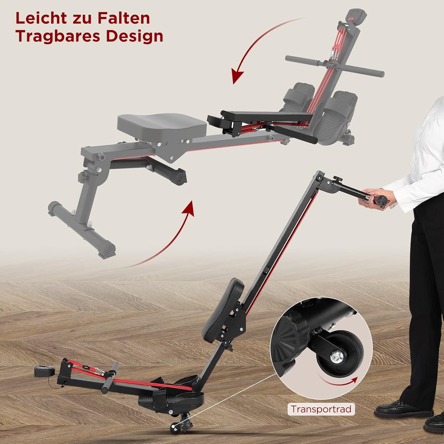 Roeitoestel voor thuis, opklapbaar roeitrainer Roeimachines, gewichtscapaciteit 120 kg (Rood)