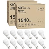 GY Ledlamp, E27, 14 W (komt overeen met 100 W), 1540 lumen, 4000 K, neutraal wit, A60, E27, led, energie-efficiëntie, E27 led, stralingshoek van 280 graden, niet dimbaar, 12 stuks