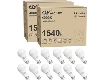 GY Ledlamp, E27, 14 W (komt overeen met 100 W), 1540 lumen, 4000 K, neutraal wit, A60, E27, led, energie-efficiëntie, E27 led, stralingshoek van 280 graden, niet dimbaar, 12 stuks