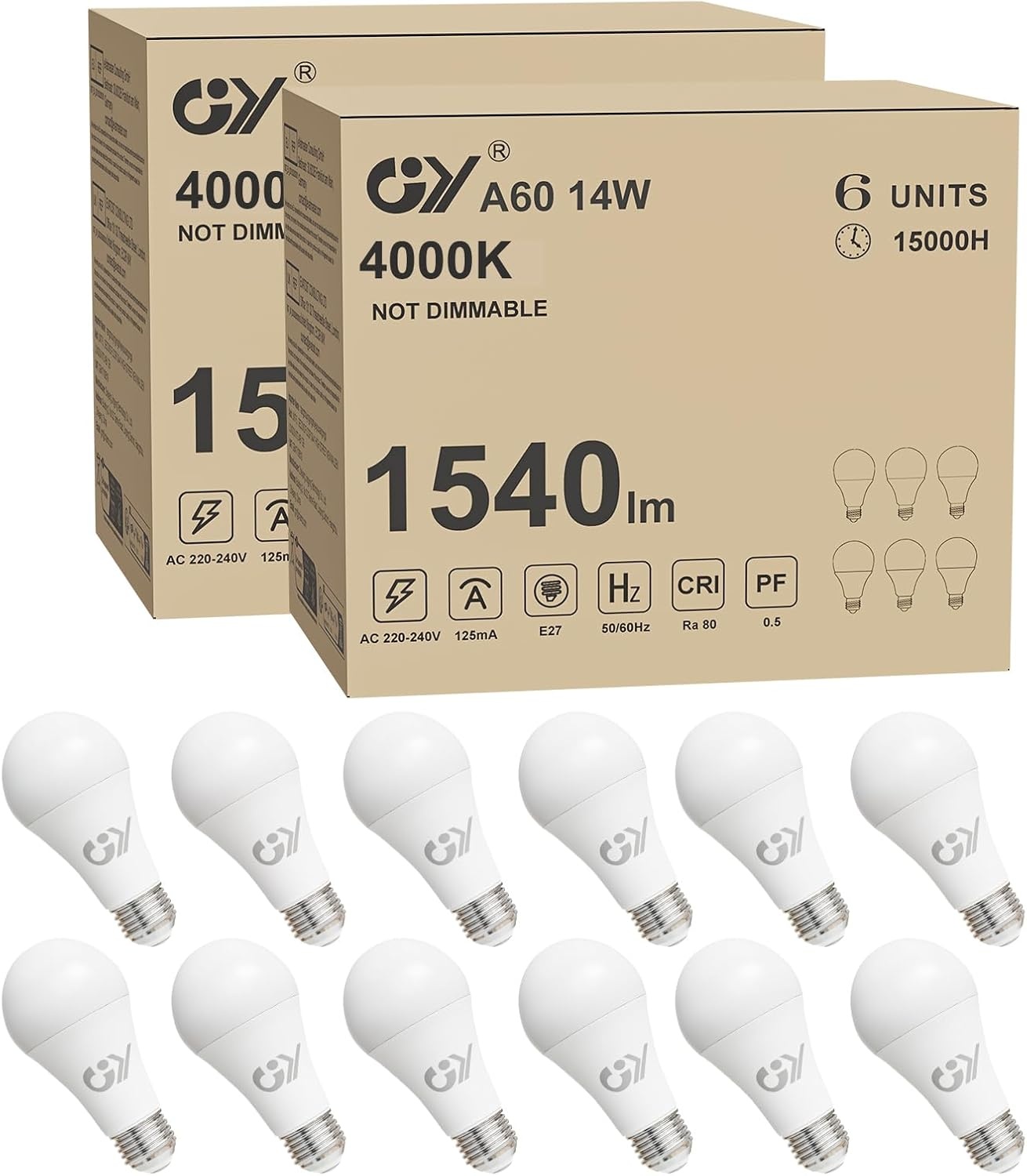 GY Ledlamp, E27, 14 W (komt overeen met 100 W), 1540 lumen, 4000 K, neutraal wit, A60, E27, led, energie-efficiëntie, E27 led, stralingshoek van 280 graden, niet dimbaar, 12 stuks