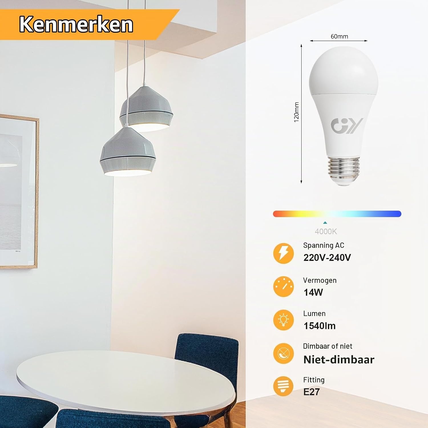 GY Ledlamp, E27, 14 W (komt overeen met 100 W), 1540 lumen, 4000 K, neutraal wit, A60, E27, led, energie-efficiëntie, E27 led, stralingshoek van 280 graden, niet dimbaar, 12 stuks