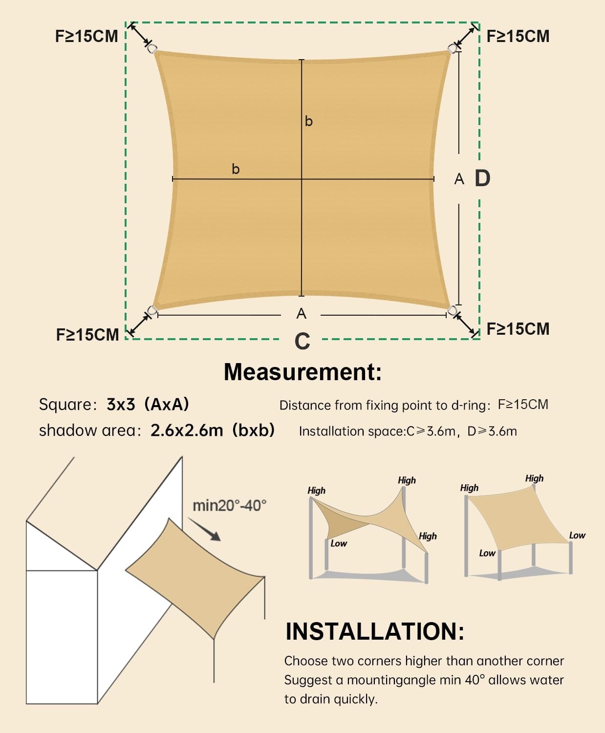 Waterdicht Schaduwdoek Rechthoekig 4x4m - 95% UV-Bescherming (Sandkleur) - 34% Korting!