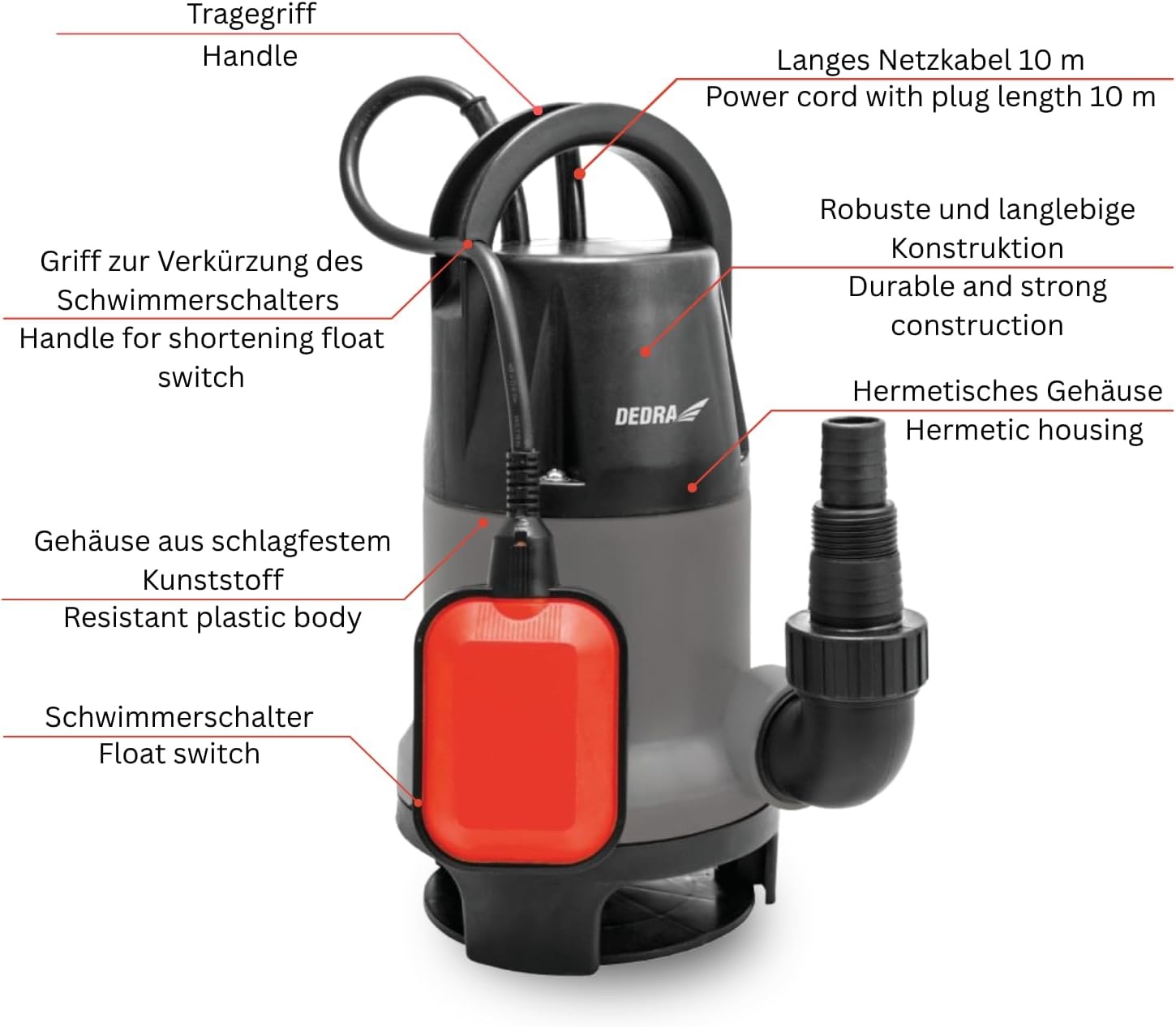 Dedra Dompelpomp 900W voor Schoon/Vuil Water - 7m Opvoerhoogte - Zwart